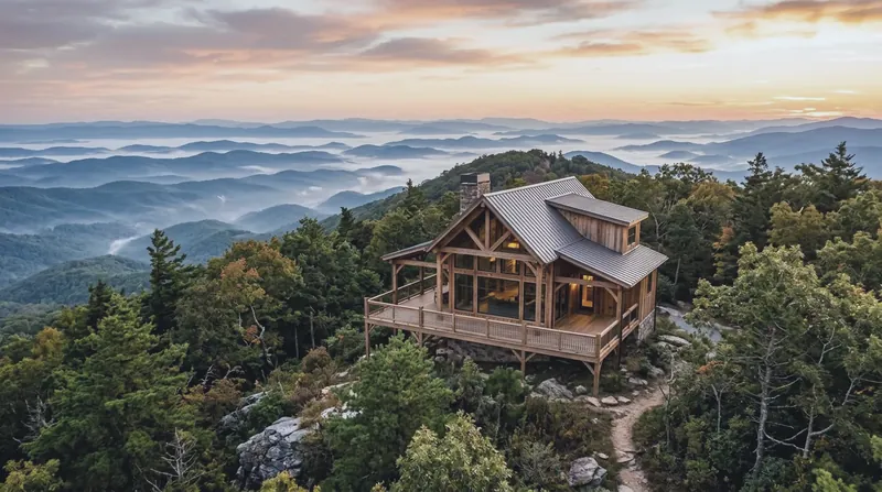 A newly built timber-frame cabin with expansive glass windows rests on a forested mountain ridge, overlooking mist-covered rolling blue hills