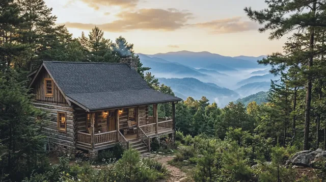 A rustic log cabin with a wooden porch, nestled among pine trees overlooking rolling, mist-covered blue mountain ridges