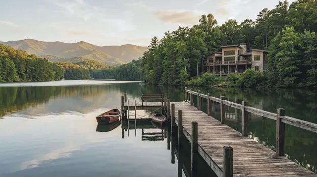 A wooden boat dock extending into calm lake water, with the back of a modern residential home visible through lush lakeside trees