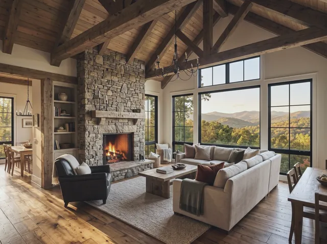 A mountain-home great room with a floor-to-ceiling stacked-stone fireplace, vaulted wood-beam ceiling, and large black-framed windows framing a forested Blue Ridge view.