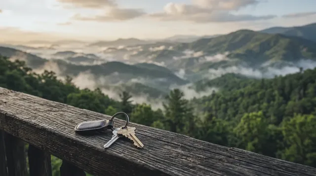 A pair of house keys resting on a rustic wooden porch railing overlooking misty green mountain peaks