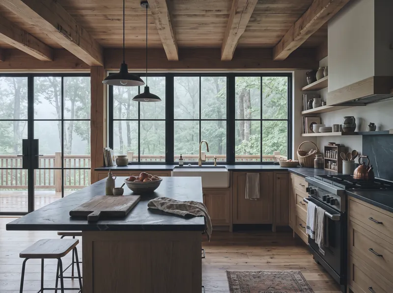 A mountain-home kitchen with oak cabinets, a dark stone island, timber ceiling beams and black-framed windows looking onto misty woods.