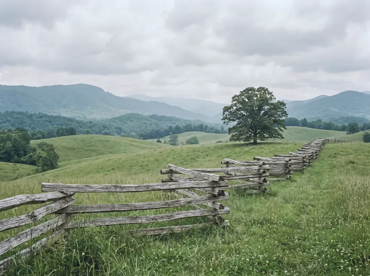 A weathered split-rail fence crossing a rolling green pasture toward a lone oak, with soft forested ridges under an overcast sky.