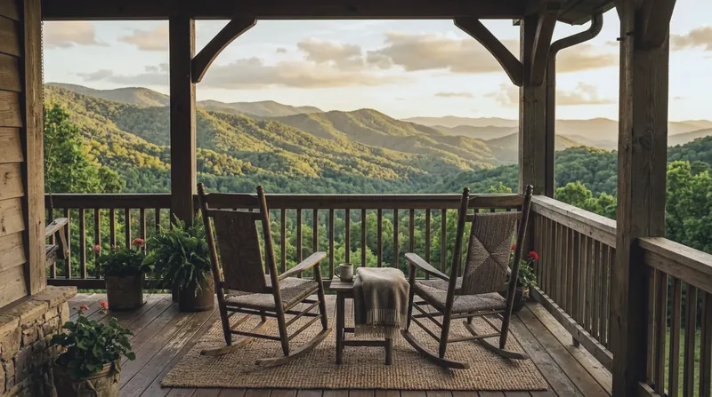 A craftsman porch with wooden rocking chairs overlooks rolling green mountain ridges bathed in warm, golden sunlight
