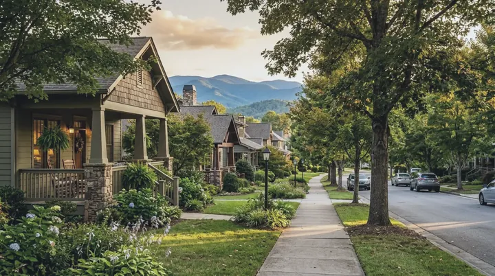 A sunny, tree-lined neighborhood sidewalk featuring craftsman-style houses with spacious front porches, set against a backdrop of rolling blue mountain ridges