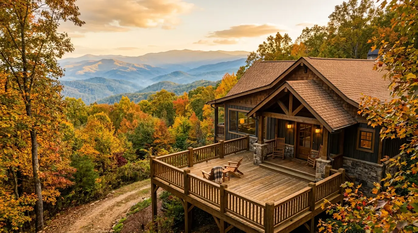 A craftsman-style house nestled among autumn trees, featuring a wooden deck with panoramic views of rolling, mist-covered blue mountain ridges