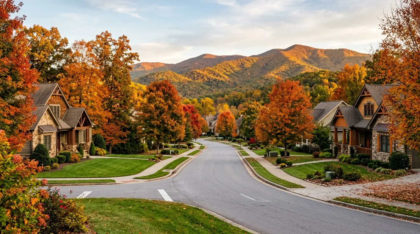 A sunlit neighborhood street lined with craftsman-style houses and manicured lawns, framed by vibrant autumn trees and rolling mountain foothills