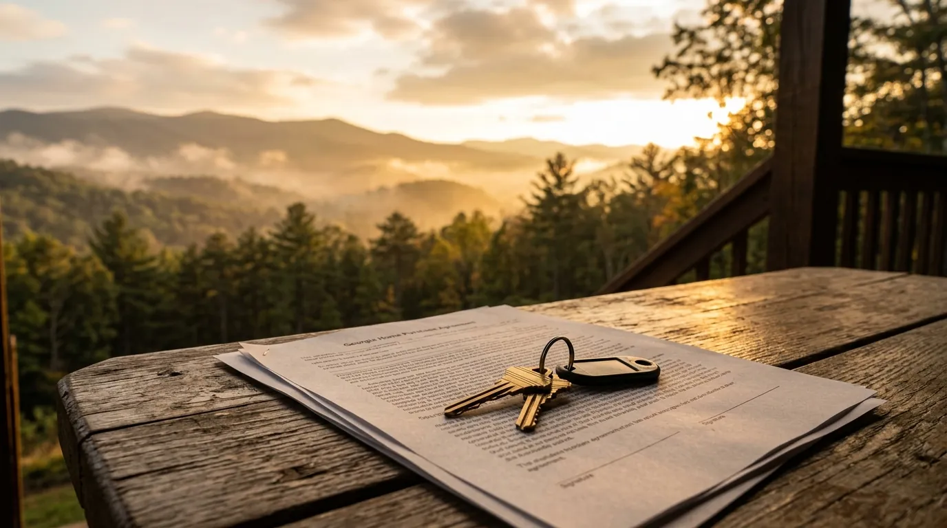 Brass house keys resting on home purchase documents on a wooden porch table, with misty, pine-covered mountain ridges in the background