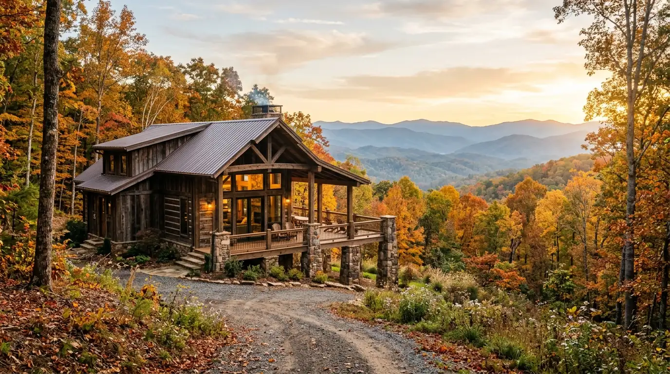 A rustic timber home with stone pillars and expansive windows, nestled in colorful autumn woods overlooking distant, hazy blue mountain ridges