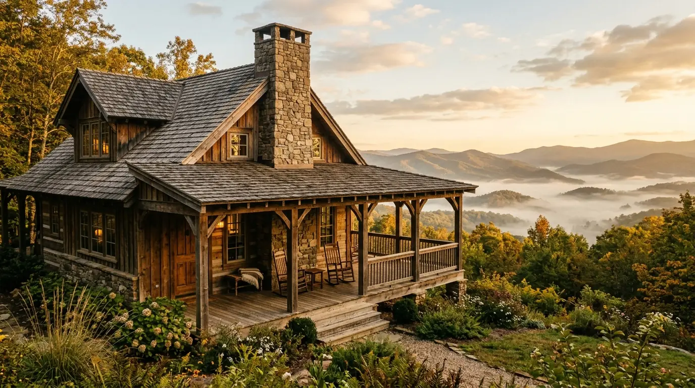 A rustic timber-frame house with a stone chimney features a wide porch and rocking chairs overlooking mist-covered, rolling mountain ridges