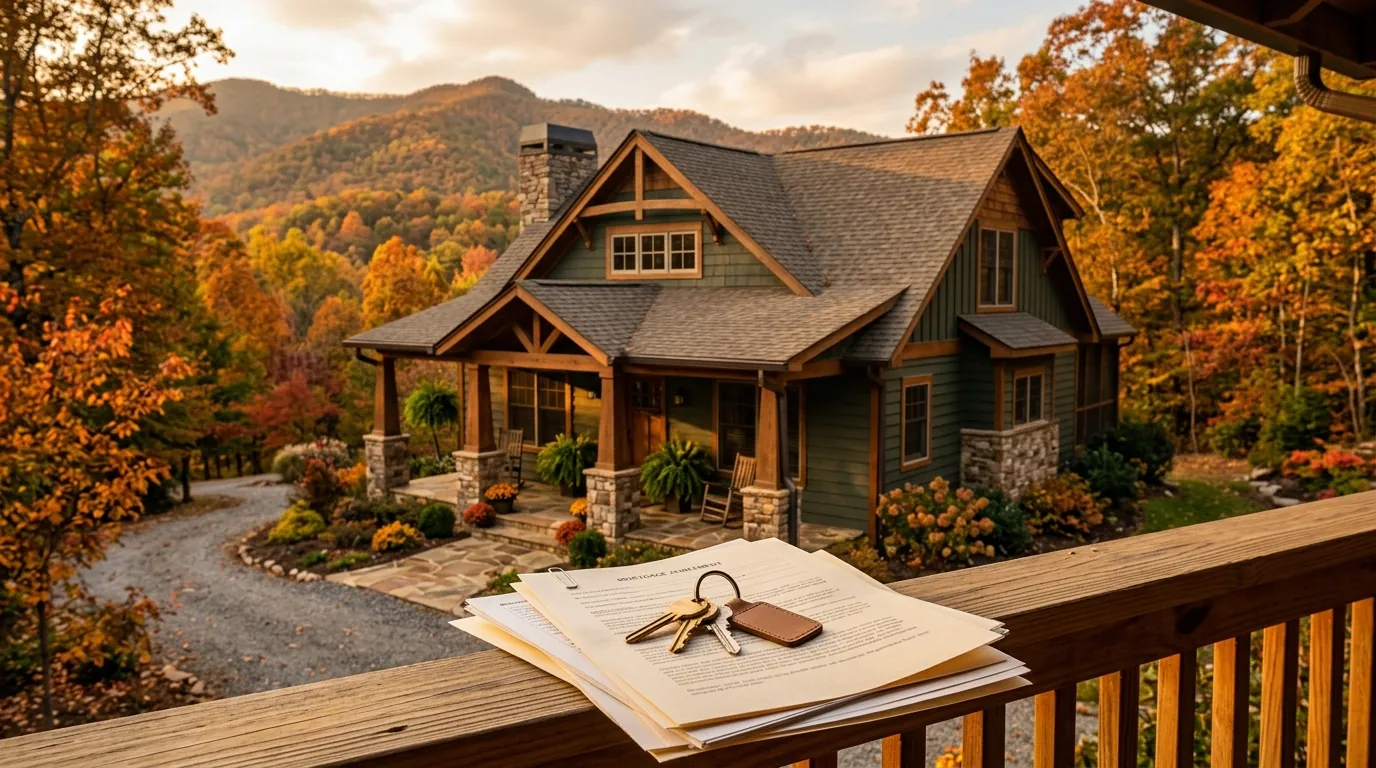 A craftsman home with a front porch, nestled against autumn-colored mountain hills, featuring house keys resting on a stack of mortgage documents