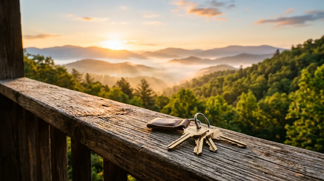 A set of house keys sits on a rustic wooden porch railing, overlooking misty, sunlit mountain ridges and lush green forests