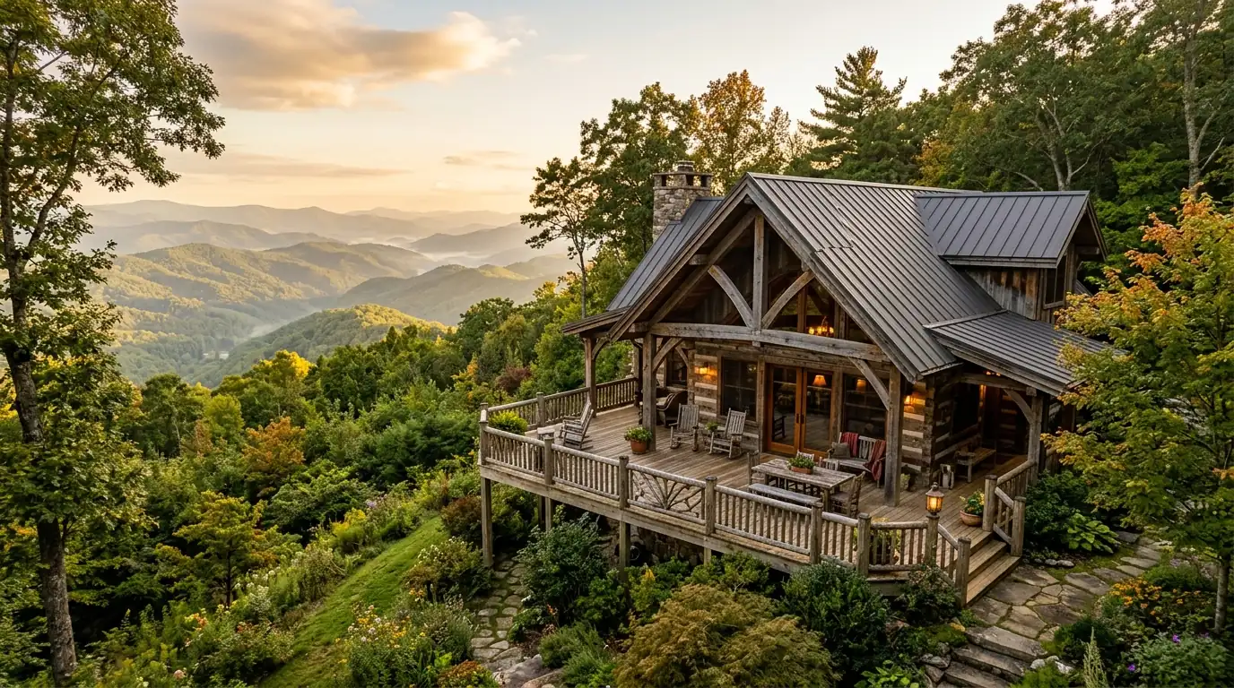 A rustic timber-frame house with a spacious deck sits on a lush hillside, overlooking misty, layered mountain ridges under a sunny sky