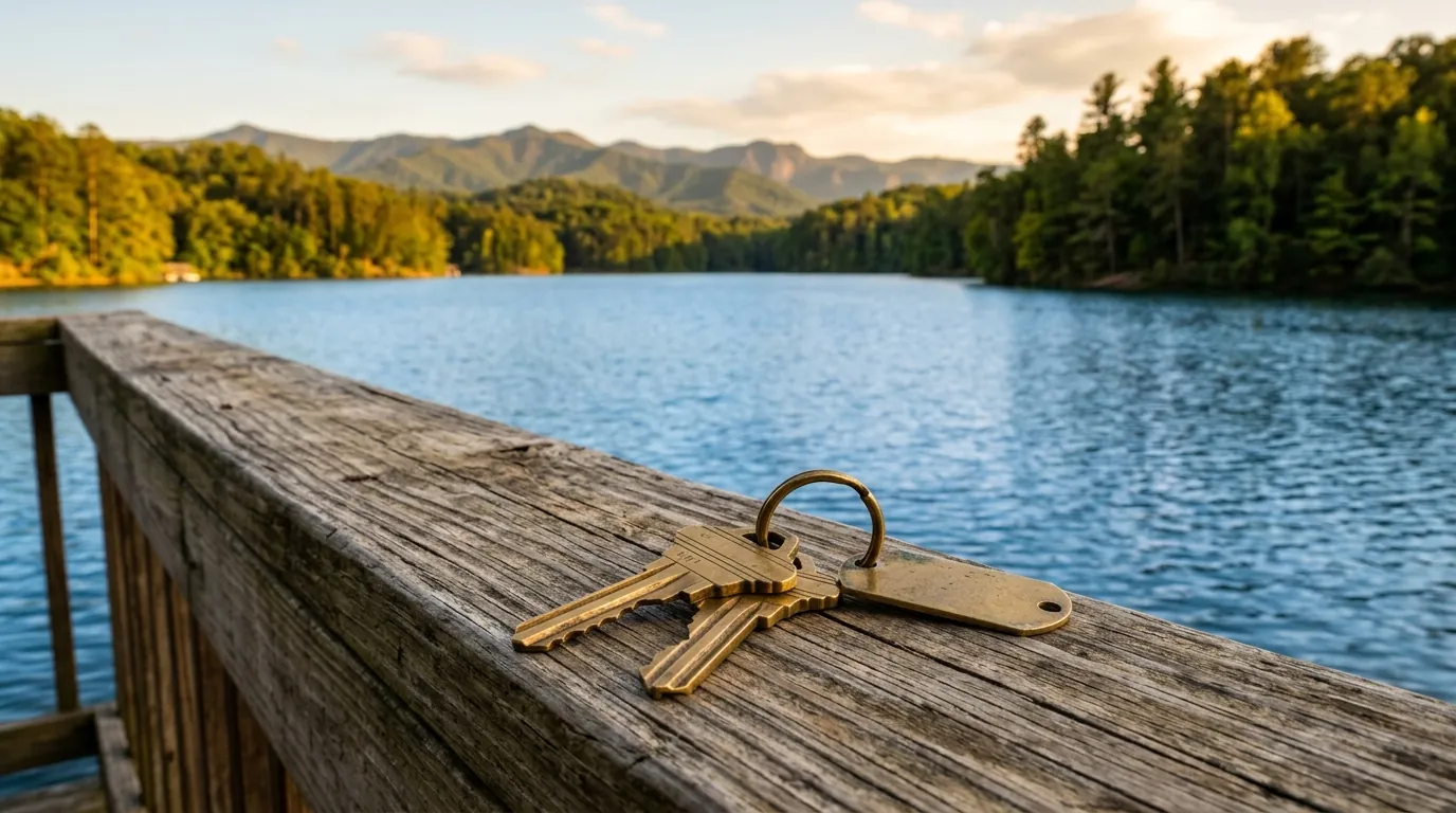 Brass house keys resting on a rustic wooden dock railing overlooking a calm blue lake framed by a lush, tree-lined shoreline