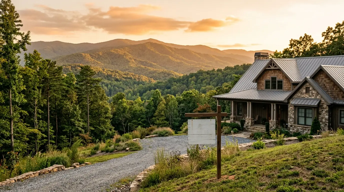A generic real estate sign stands in front of a modern craftsman house nestled against a backdrop of rolling, forested mountain hills