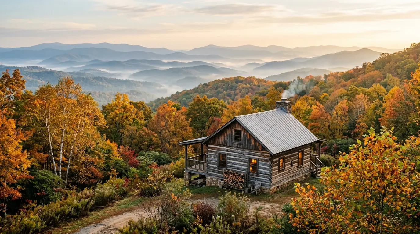 A rustic log cabin nestled among colorful autumn trees, overlooking misty blue mountain ridges bathed in soft morning sunlight