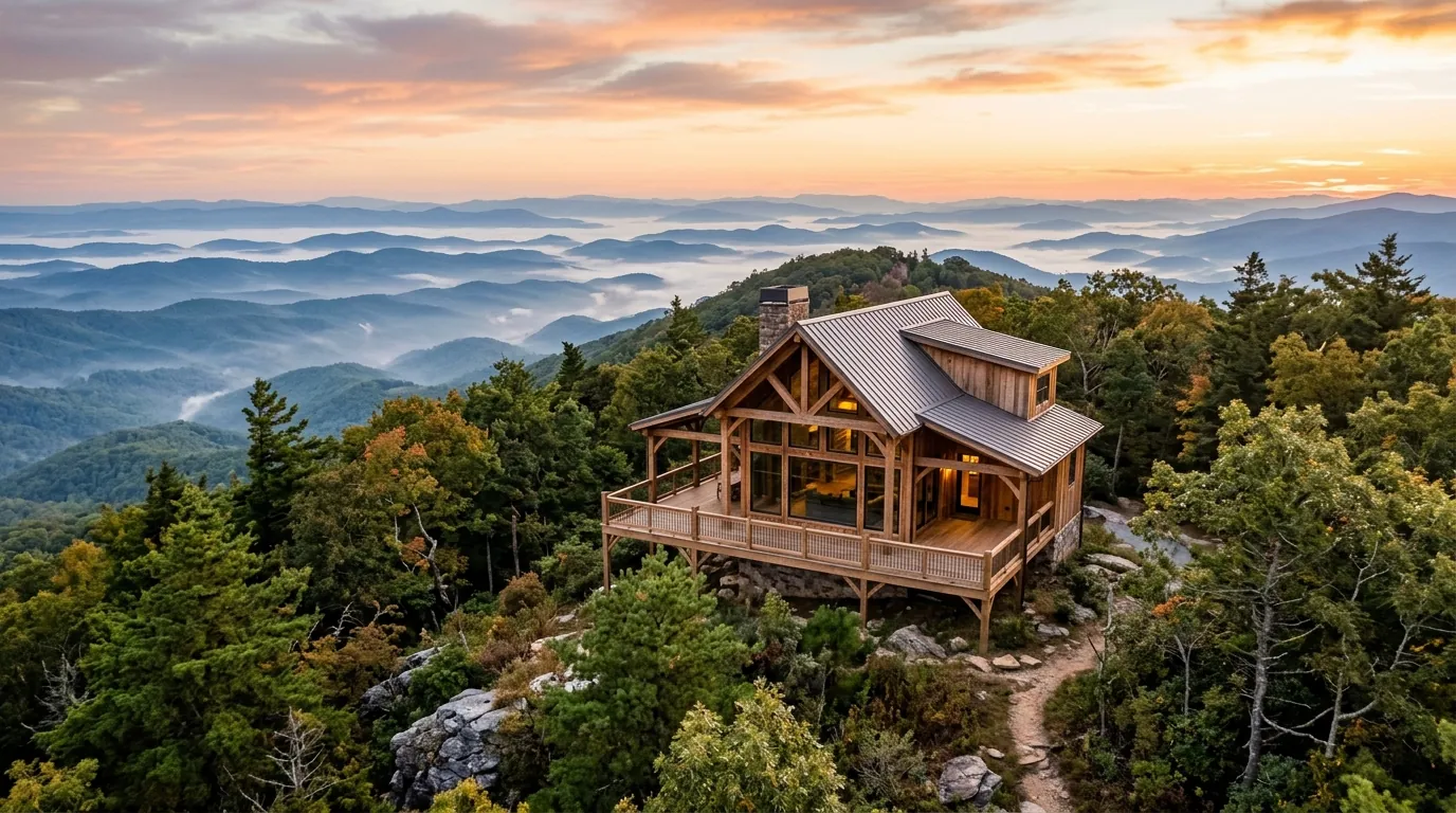 A newly built timber-frame cabin with expansive glass windows rests on a forested mountain ridge, overlooking mist-covered rolling blue hills
