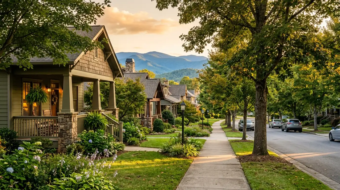 A sunny, tree-lined neighborhood sidewalk featuring craftsman-style houses with spacious front porches, set against a backdrop of rolling blue mountain ridges