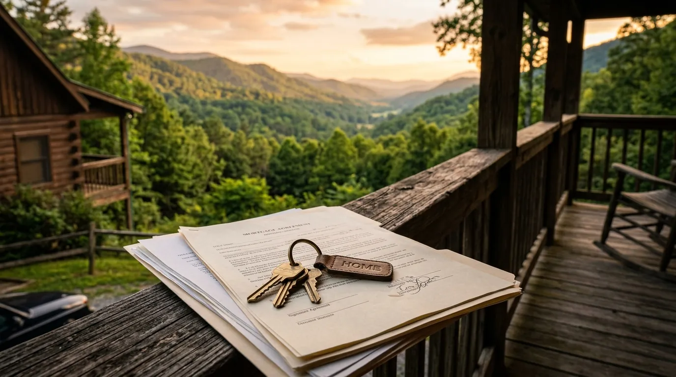 House keys resting on mortgage documents on a wooden porch, with lush, rolling forested hills visible in the background
