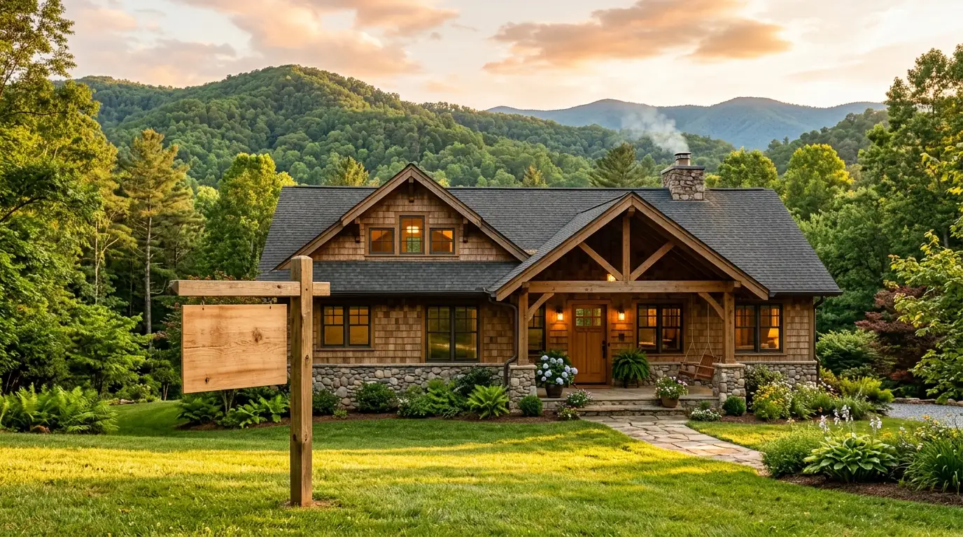A craftsman-style house nestled in green mountain foothills, featuring a blank wooden real estate sign standing on its sunlit lawn