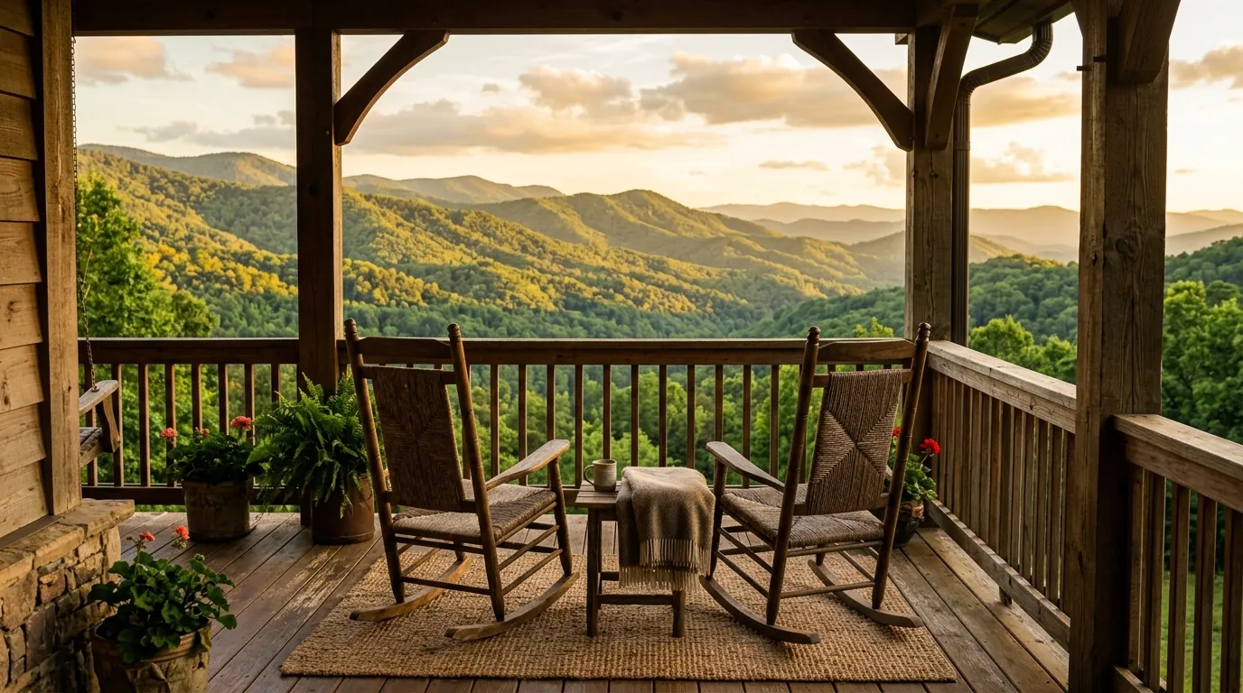 A craftsman porch with wooden rocking chairs overlooks rolling green mountain ridges bathed in warm, golden sunlight