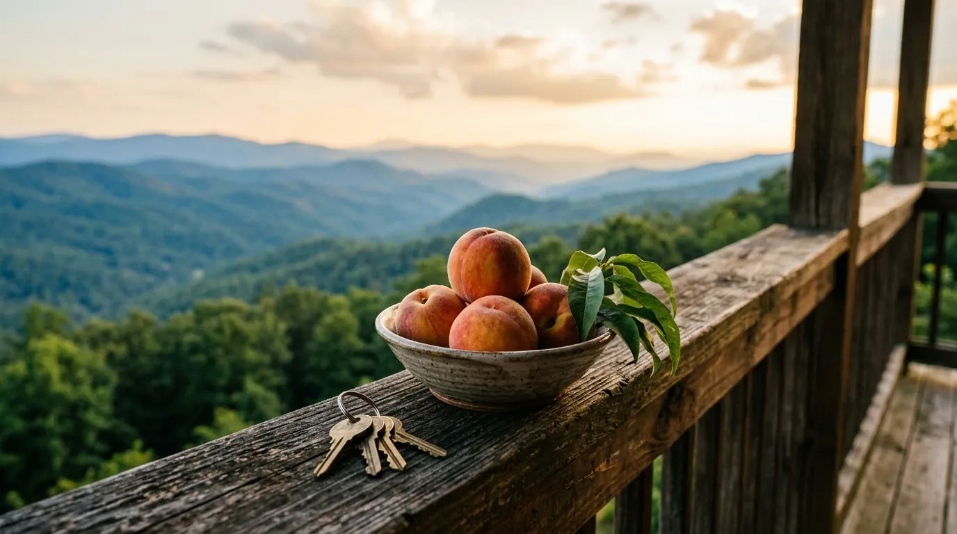 Brass house keys beside a bowl of fresh peaches on a rustic porch railing overlooking sun-drenched, rolling blue mountain ridges