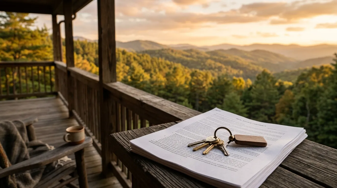 House keys resting on real estate documents on a wooden porch, overlooking rolling, pine-covered mountain foothills