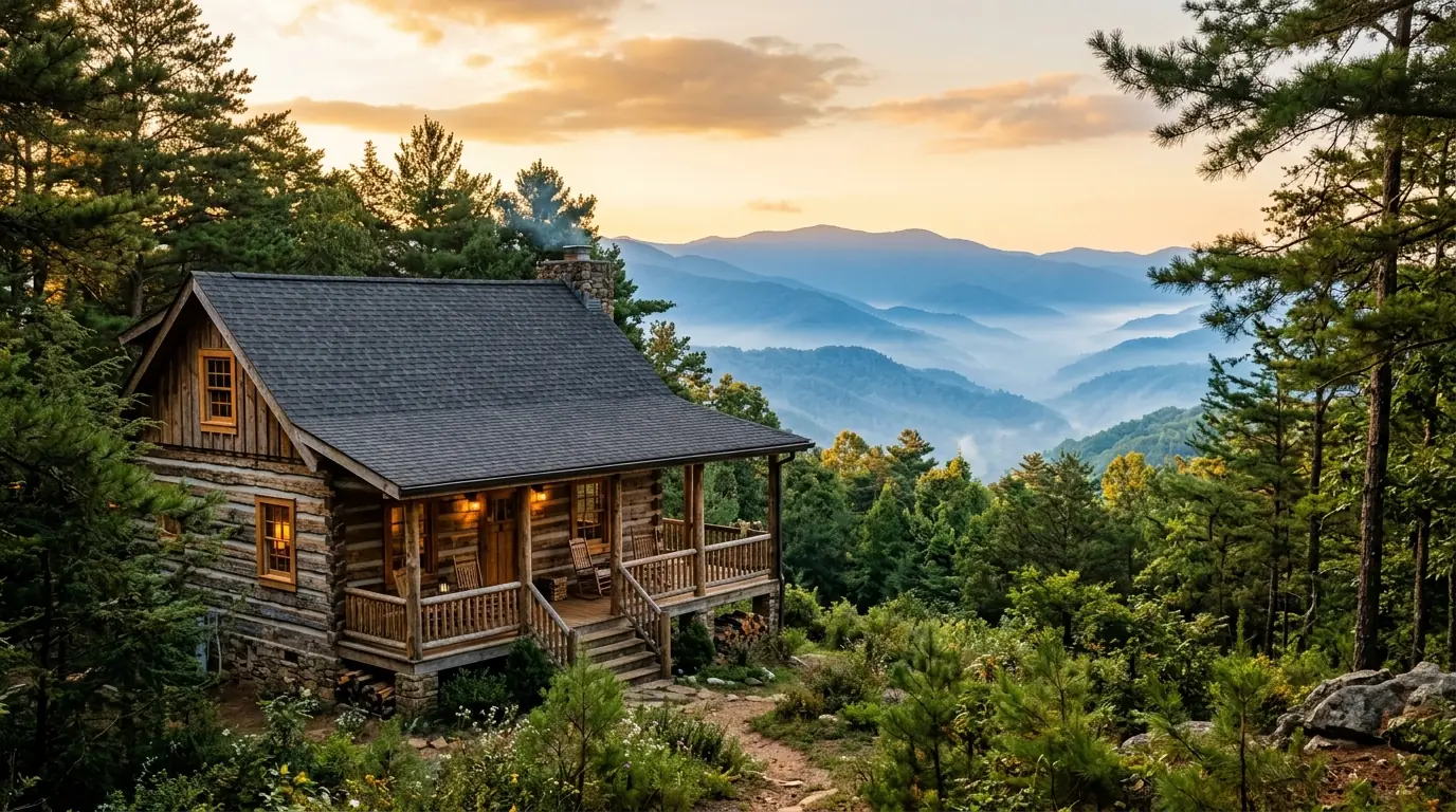 A rustic log cabin with a wooden porch, nestled among pine trees overlooking rolling, mist-covered blue mountain ridges