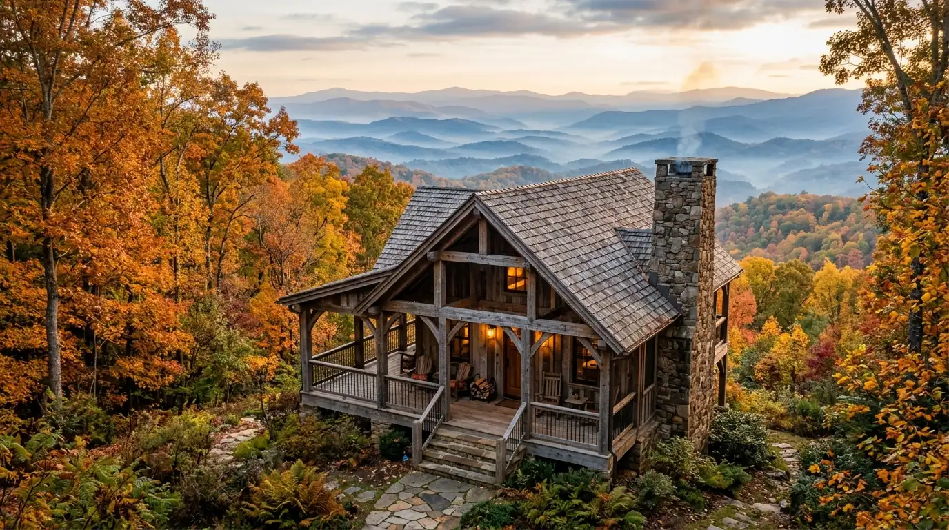 A rustic timber-frame house with a wrap-around porch and stone chimney nestles among autumn trees, overlooking misty blue mountain ridges