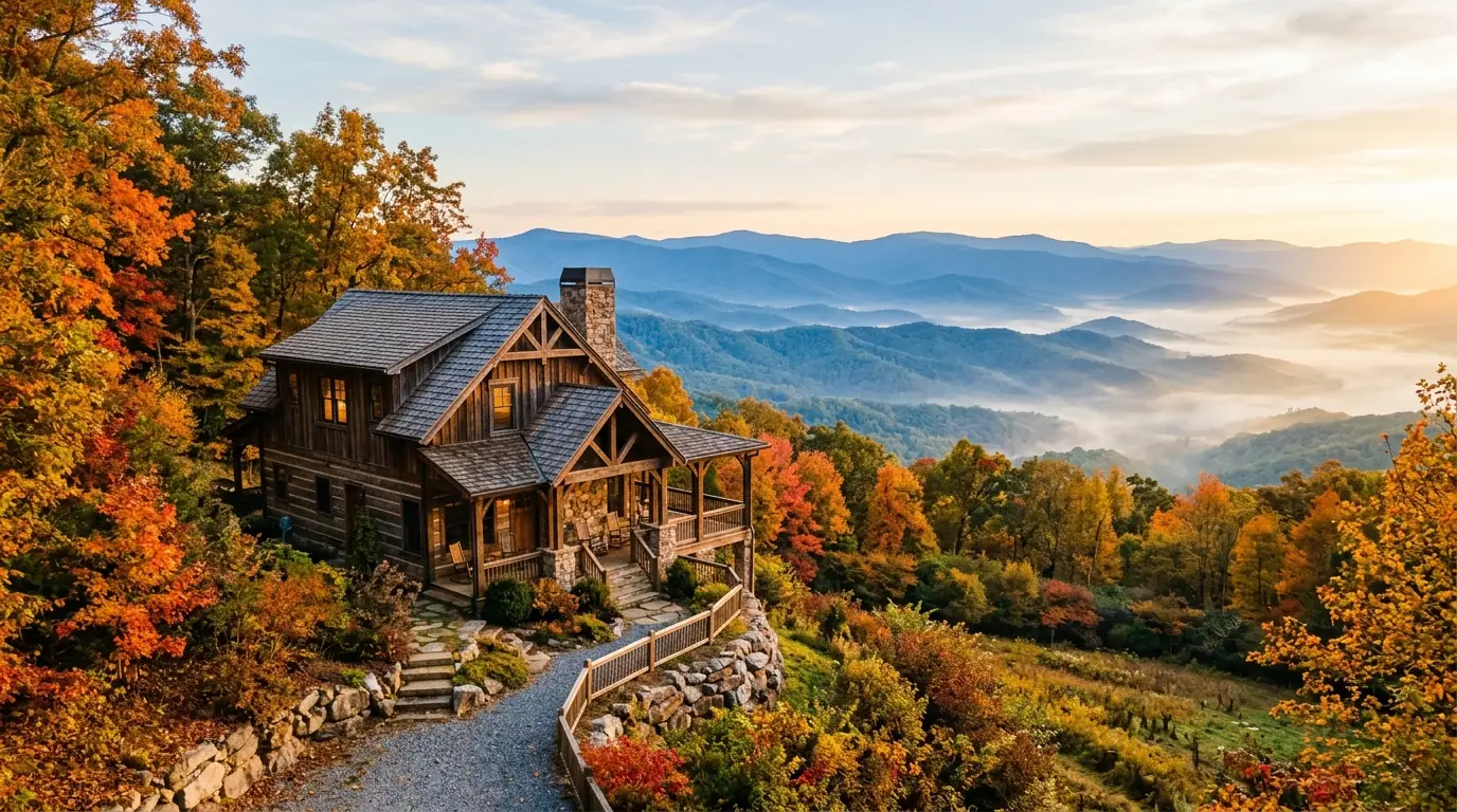 A rustic wood-and-stone house perched on a hillside, overlooking mist-covered blue mountain ridges framed by vibrant autumn trees