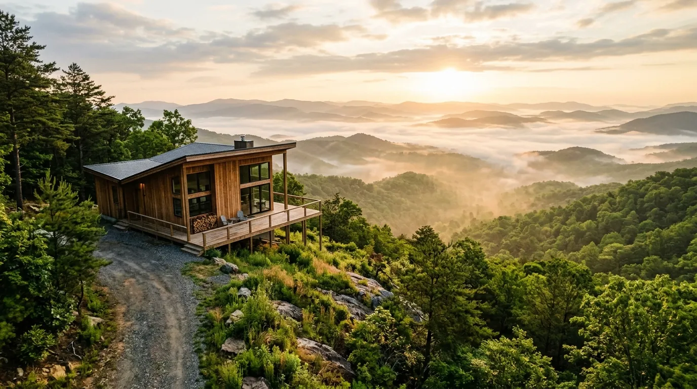 A modern wooden cabin perched on a lush mountain ridge overlooking a misty valley bathed in golden morning light