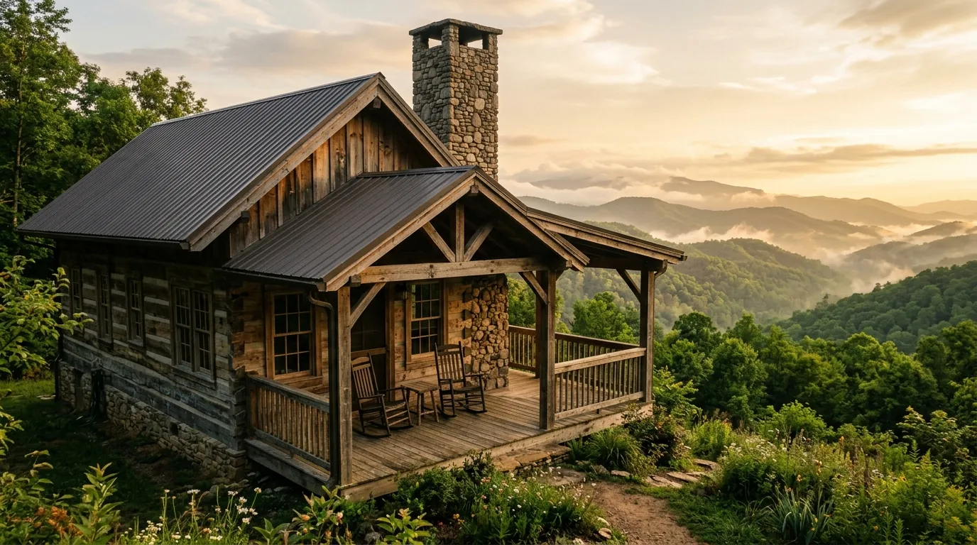 A rustic timber cabin with a stone chimney features a porch with rocking chairs overlooking lush, mist-covered mountain ridges