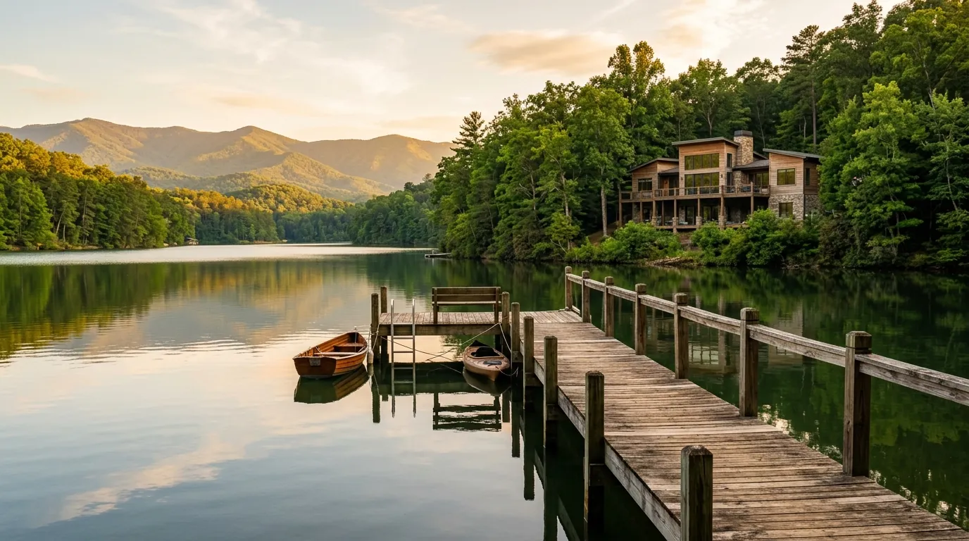 A wooden boat dock extending into calm lake water, with the back of a modern residential home visible through lush lakeside trees