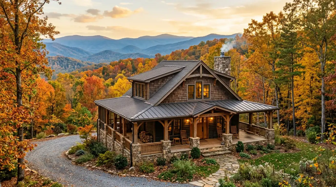 A rustic craftsman home featuring a wraparound porch, set against rolling blue mountain ridges and vibrant autumn forests bathed in warm golden light