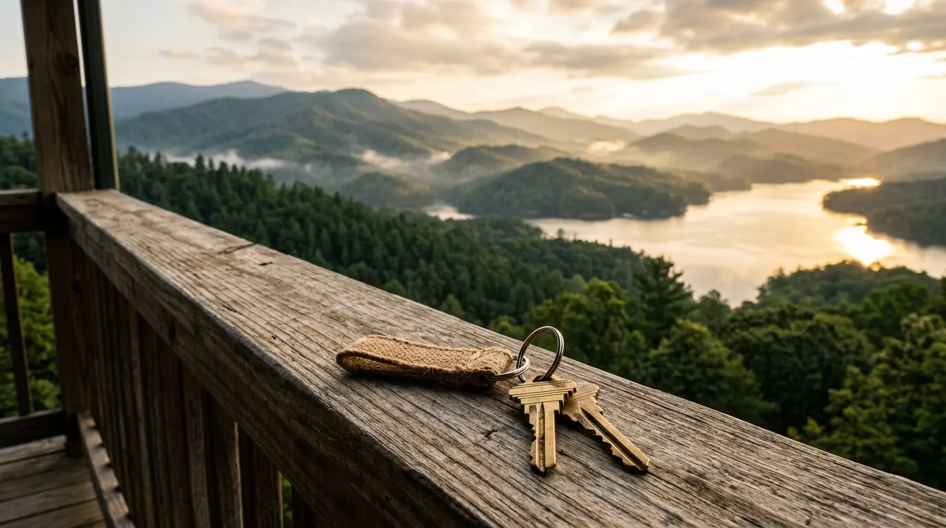 Brass house keys resting on a rustic wooden porch railing, overlooking misty, pine-covered mountain ridges and a shimmering lake under warm sunlight