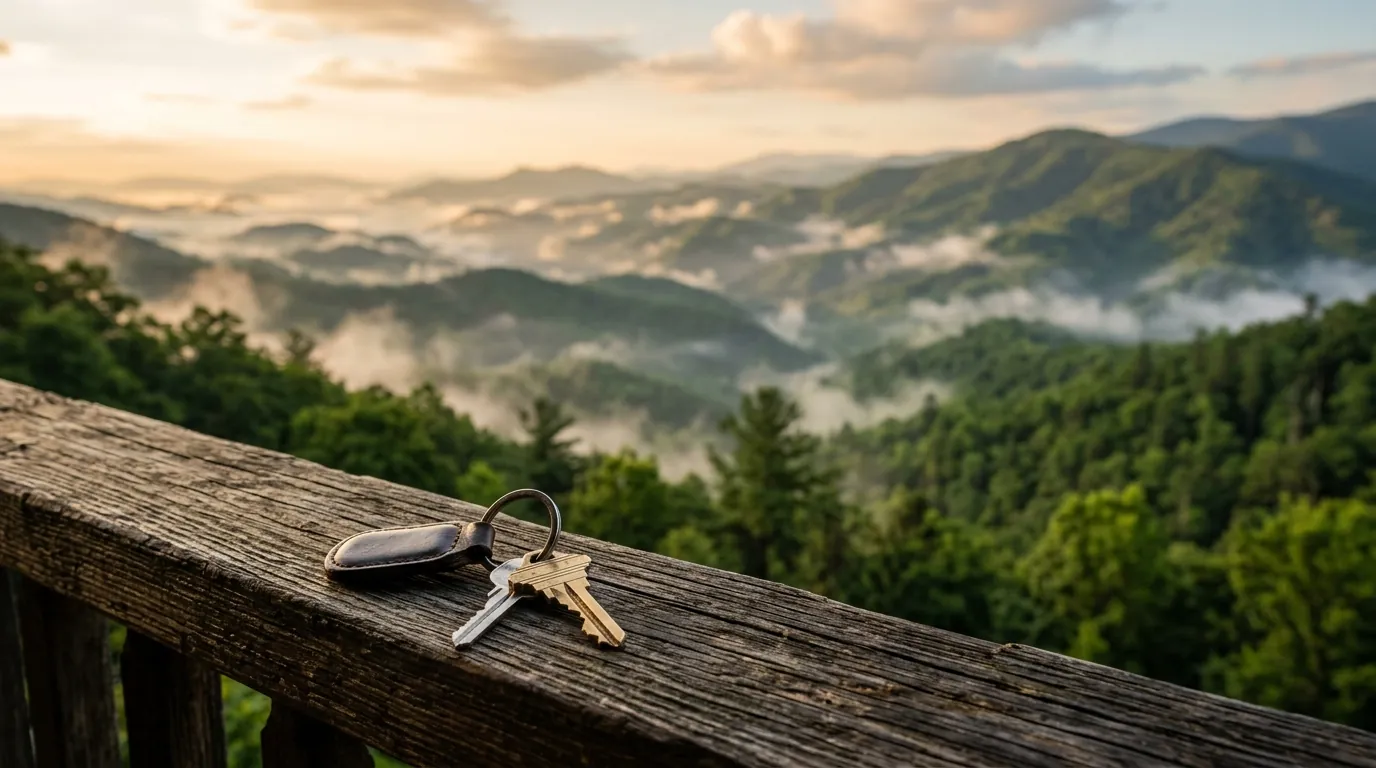 A pair of house keys resting on a rustic wooden porch railing overlooking misty green mountain peaks