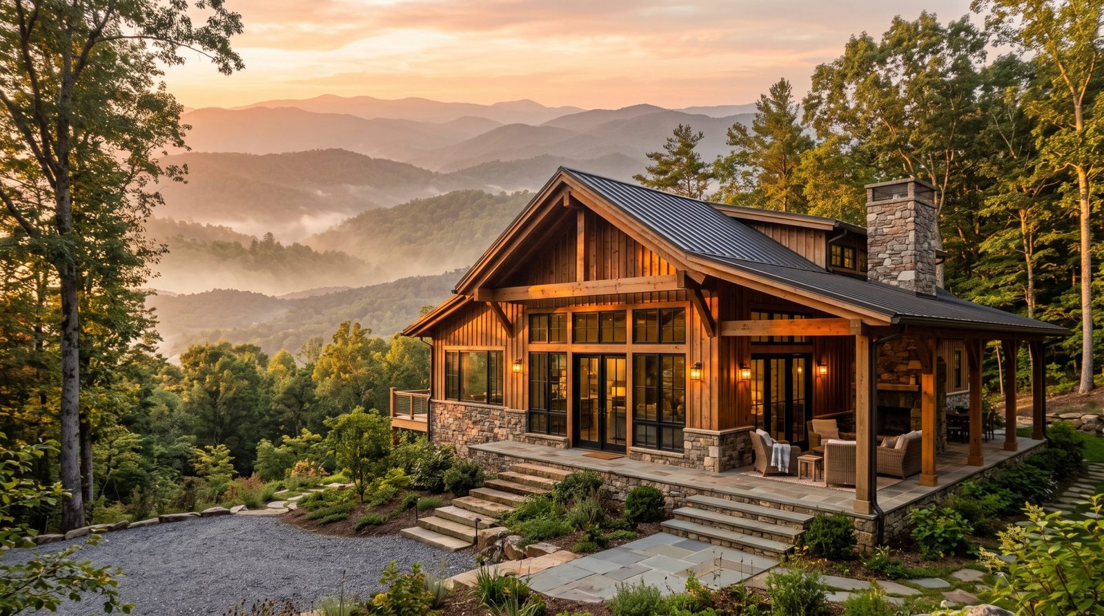 A cedar-and-stone North Georgia mountain home with black-framed windows and a deep covered porch, set on a wooded ridge above layered Blue Ridge mountains at golden hour.
