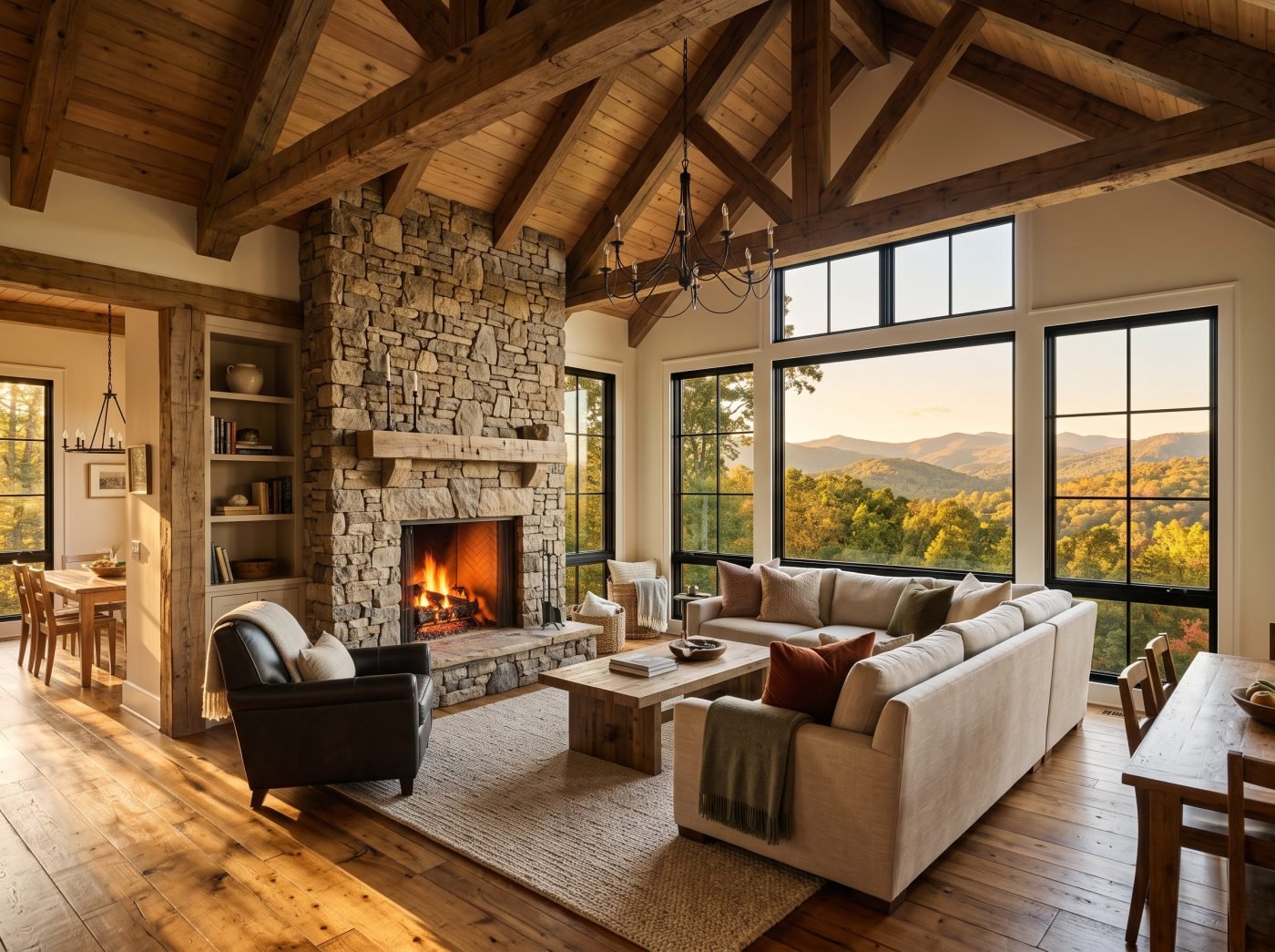 A mountain-home great room with a floor-to-ceiling stacked-stone fireplace, vaulted wood-beam ceiling, and large black-framed windows framing a forested Blue Ridge view.
