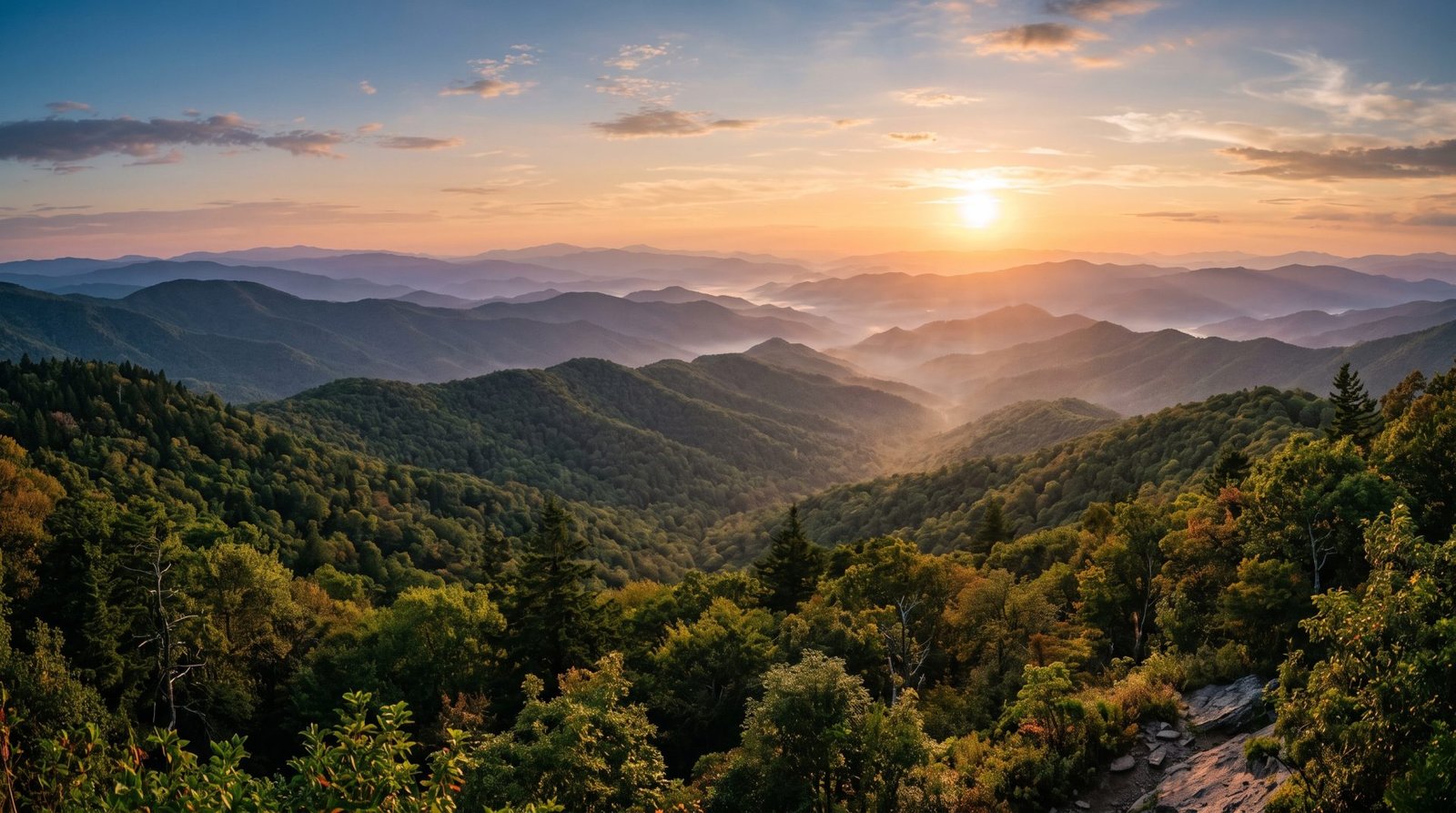Layered ridgelines of the North Georgia Blue Ridge mountains fading into warm haze at sunset, seen from a forested overlook.